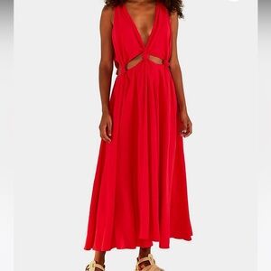 FARM Rio Cutout Knot-Waist Linen-Blend Midi Dress, Red, sz XS